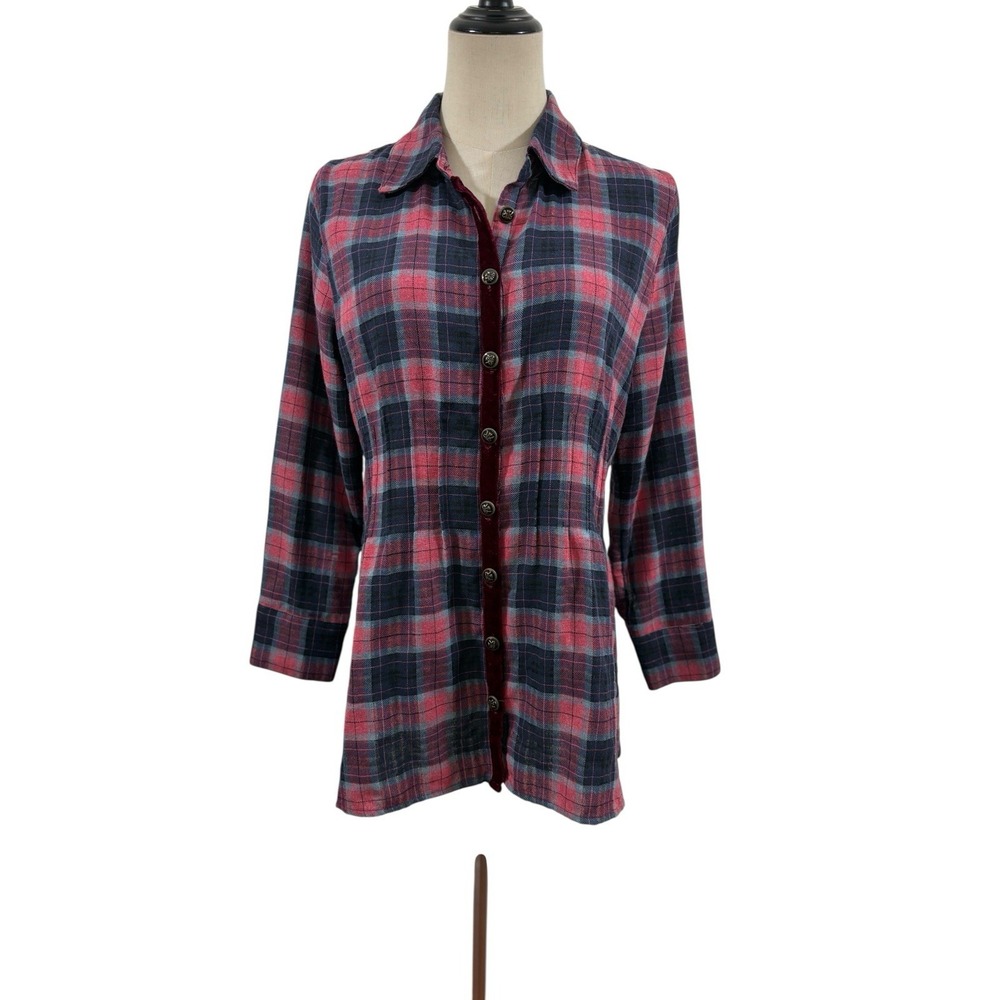 Soft Surrounds Plaid Flannel Button Down Velvet Burnout Back Boho Cabin Cozy PS‎